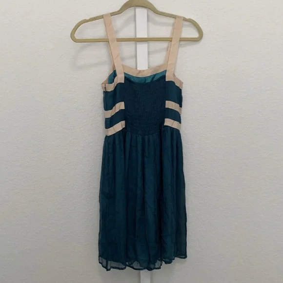 Burlapp Anthropologie Turquoise Cream Trim Silk Mini Dress - Picture 4 of 11
